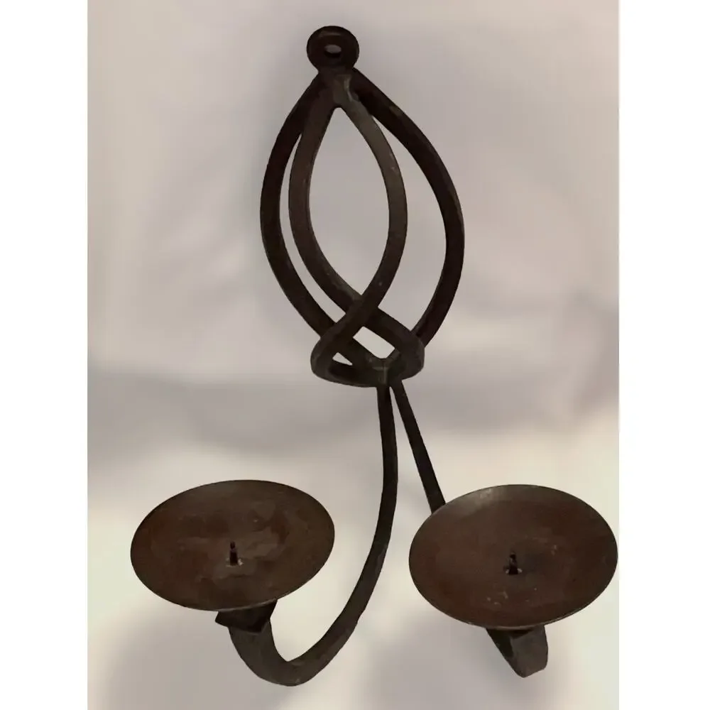 Vintage Heavy Forged Iron Wall Candle Holder Double Sconce Rustic Brown 12.5